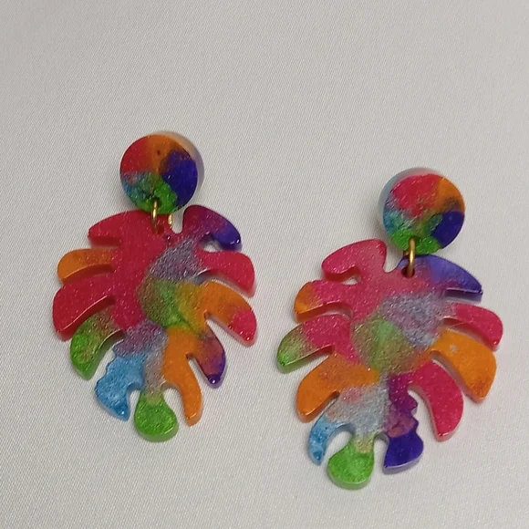 Hand Crafted Rainbow Monstera Leaf Earrings - Picture 1 of 4
